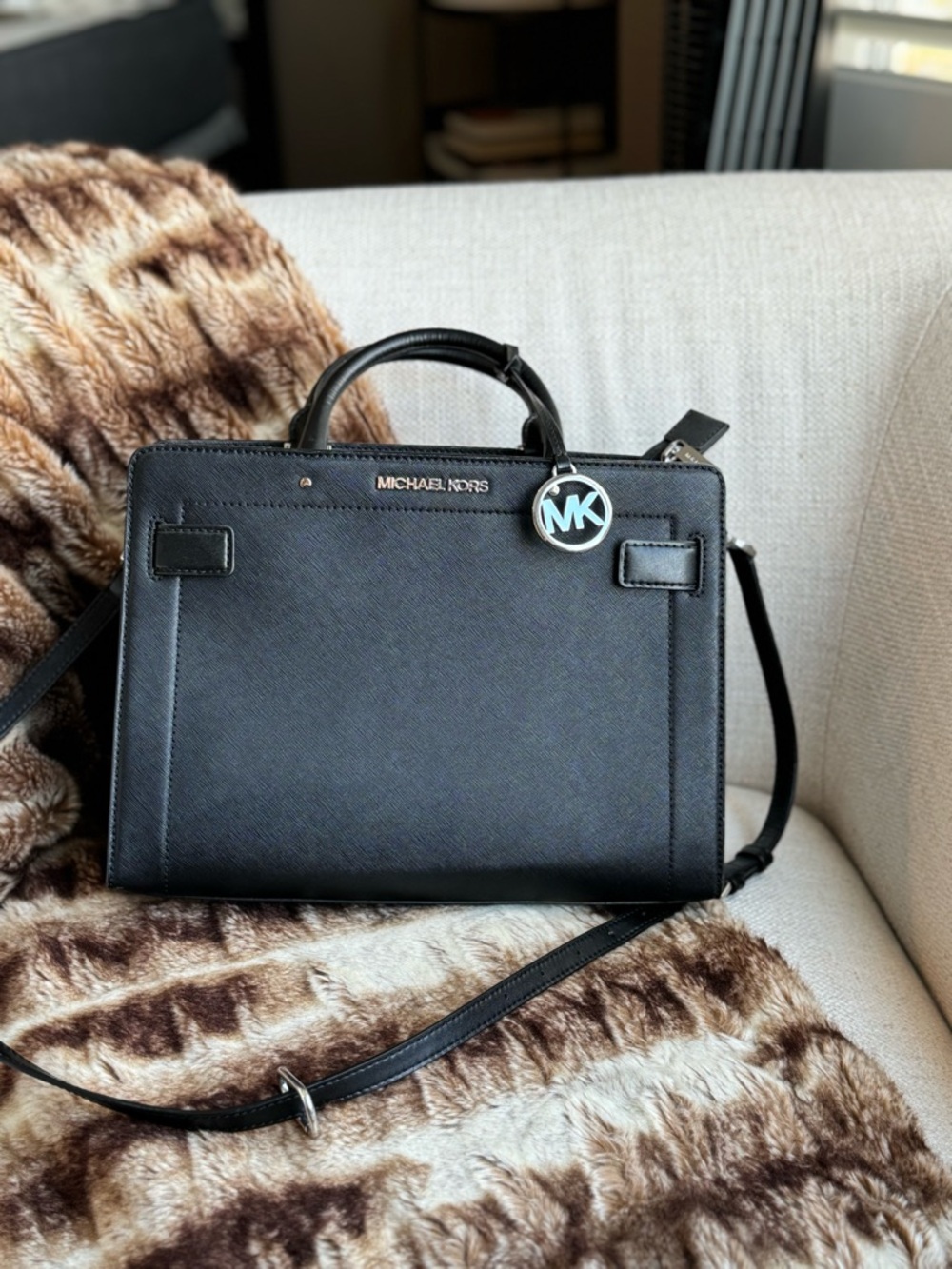 Michael Kors Black Leather Top-Handle Satchel with MK Charm